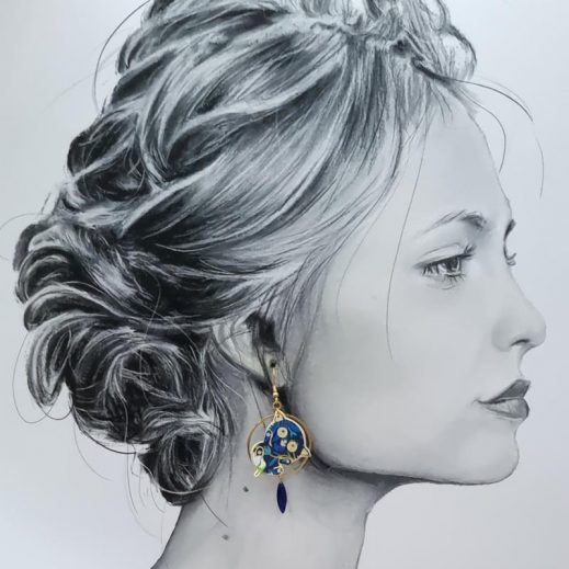 Boucles d'oreilles chat Kawaï en TISSU liberty Strawberry thief denim Boucles d'oreilles chat Kawaï en TISSU liberty Strawberry thief denim