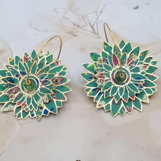Boucles d'oreilles grandes créoles grands tournesols en Tissu donna leigh jade