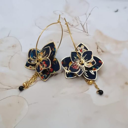 Boucles d'oreilles grandes créoles orchidées en liberty Donna leigh Midnight
