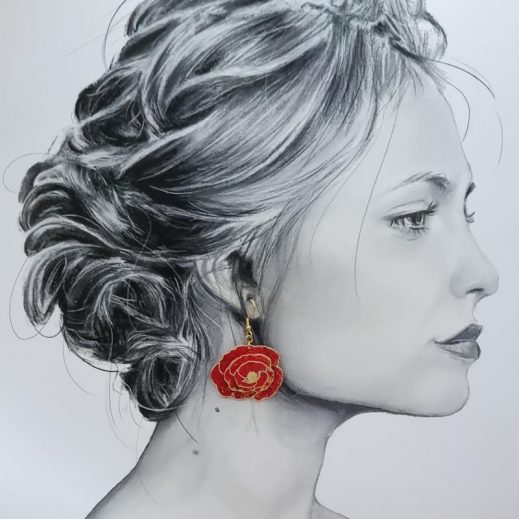 Boucles d'oreilles Coquelicot et grand colibri en tissu japonais moiré rouge Boucles d'oreilles Coquelicot et grand colibri en tissu japonais moiré rouge