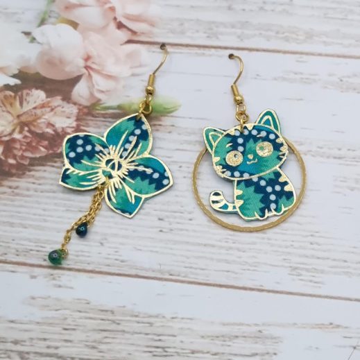 Boucles d'oreilles chat Kawaï et orchidée en TISSU Petit Pan Wasabi vert