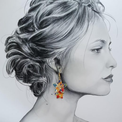 Boucles d'oreilles Perroquet et fleurs de tiaré en liberty Margareth annie bleu et orange Boucles d'oreilles Perroquet et fleurs de tiaré en liberty Margareth annie bleu et orange