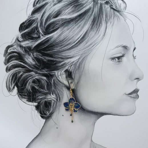 Boucles d'oreilles colibri et orchidée en liberty Erica navy Boucles d'oreilles colibri et orchidée en liberty Erica navy