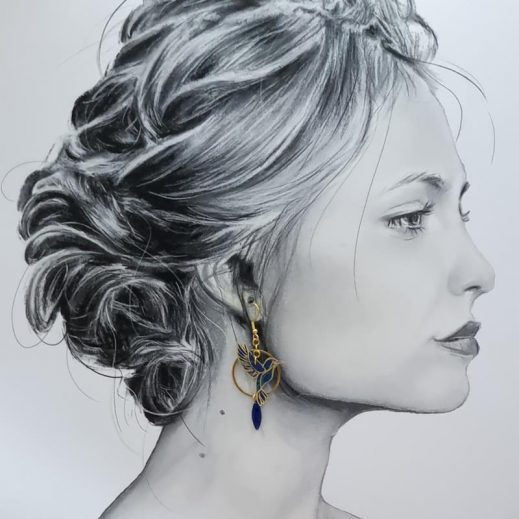 Boucles d'oreilles colibri et orchidée en liberty Erica navy Boucles d'oreilles colibri et orchidée en liberty Erica navy