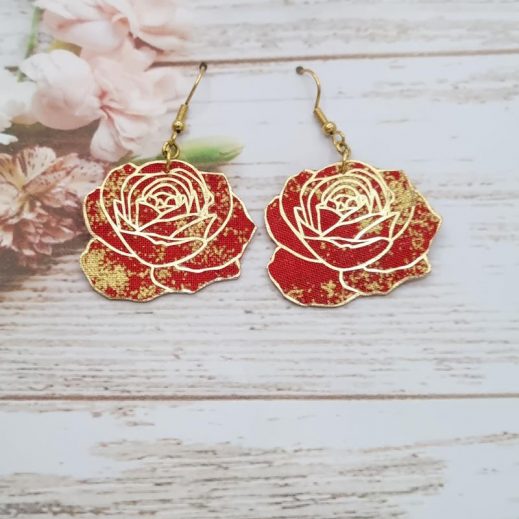 Boucles d'oreilles rose en TISSU japonais moiré rouge