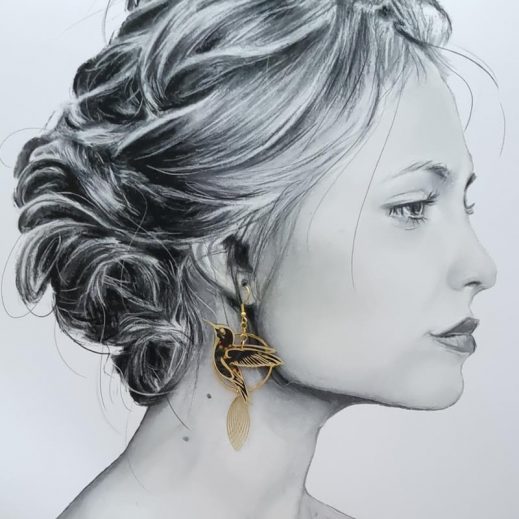 Boucles d'oreilles Coquelicot et grand colibri en tissu erica noir Boucles d'oreilles Coquelicot et grand colibri en tissu erica noir