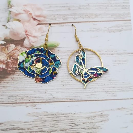 Boucles d'oreilles papillon et coquelicot en TISSU liberty Strawberry thief denim