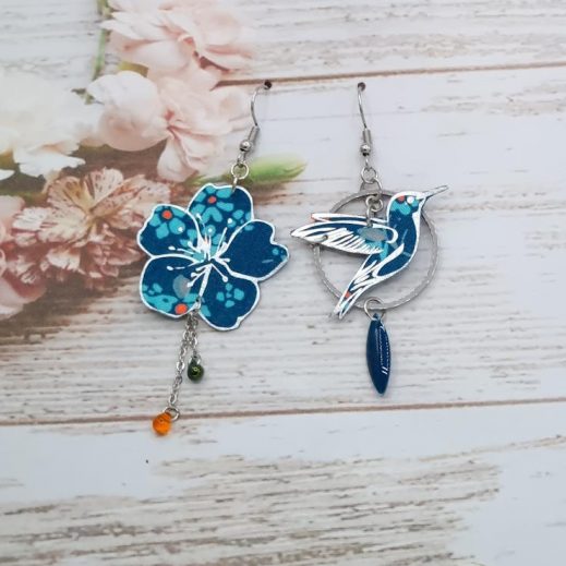 Boucles d'oreilles colibri et fleur de cerisier en TISSU Hanako orage