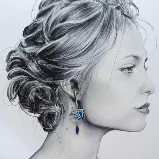 Boucles d'oreilles colibri et fleur de cerisier en TISSU Hanako orage Boucles d'oreilles colibri et fleur de cerisier en TISSU Hanako orage