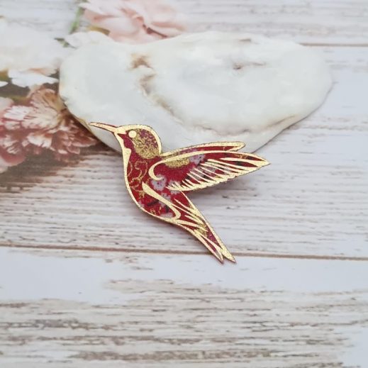 Broche colibri en tissus Japonais Sakura rouge