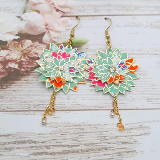 Boucles d'oreilles Dalhia en tissu petit Pan fleur des îles vert