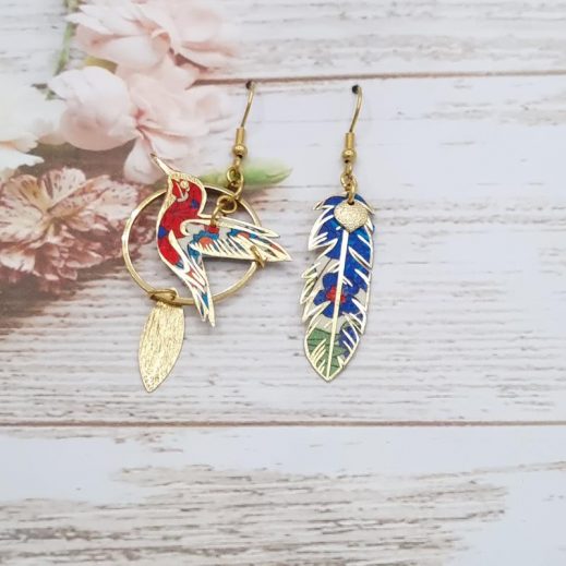 Boucles d'oreilles oiseau colibri et plume en liberty Margareth Annie bleu et orange