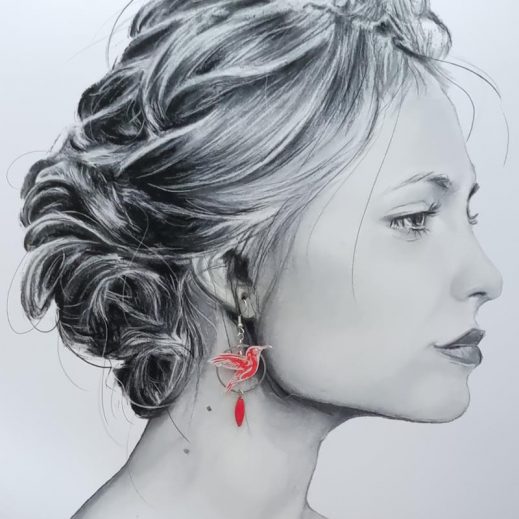 Boucles d'oreilles oiseau colibri et fleur de cerisier en liberty Capel saumon Boucles d'oreilles oiseau colibri et fleur de cerisier en liberty Capel saumon