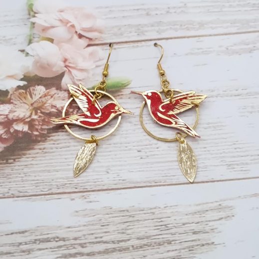 Boucles d'oreilles colibris en TISSU japonais Moiré rouge