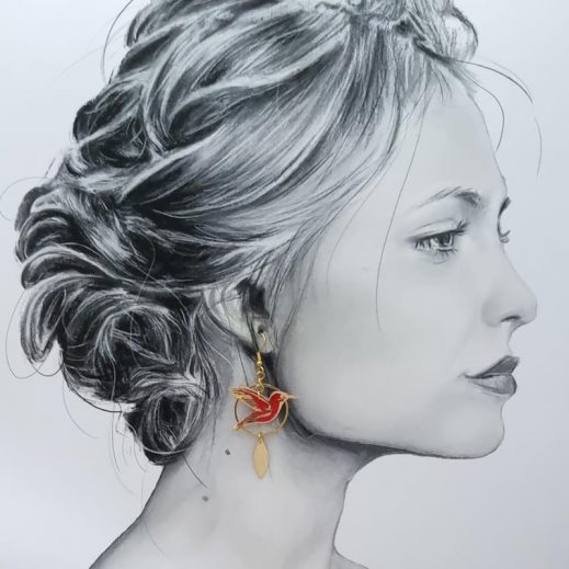 Boucles d'oreilles colibris en TISSU japonais Moiré rouge Boucles d'oreilles colibris en TISSU japonais Moiré rouge