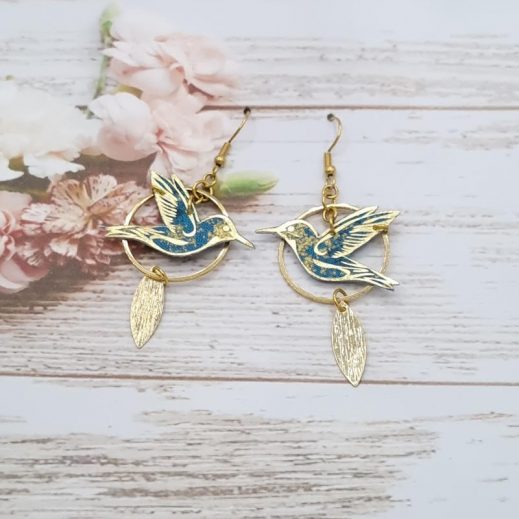 Boucles d'oreilles colibris en TISSU japonais Moiré bleu