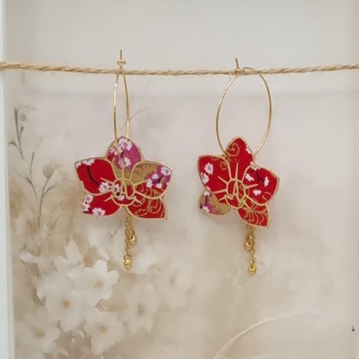 Boucles d'oreilles grandes créoles orchidées en Tissu japonais Sakura rouge
