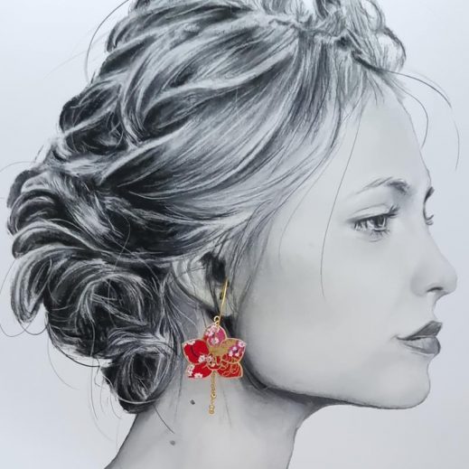 Boucles d'oreilles grandes créoles orchidées en Tissu japonais Sakura rouge Boucles d'oreilles grandes créoles orchidées en Tissu japonais Sakura rouge
