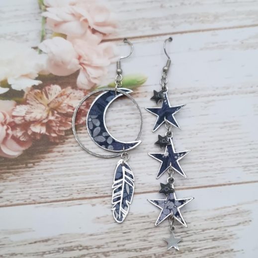 Boucles d'oreilles Lune plume et étoiles en liberty Ciara nuit étoilée