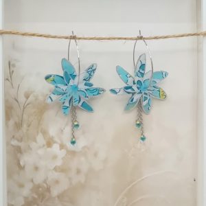 Boucles d'oreilles grandes créoles Fleurs de Tiaré en tissu Liberty Betsy Mint and lemon