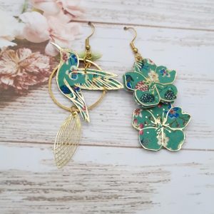 Boucles d'oreilles grand colibri et fleurs de cerisier sakura en liberty donna leigh jade
