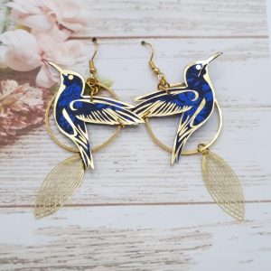 Boucles d'oreilles grands colibris en tissu liberty Capel indigo