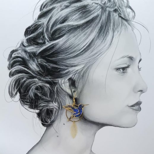 Boucles d'oreilles grands colibris en tissu liberty Capel indigo Boucles d'oreilles grands colibris en tissu liberty Capel indigo