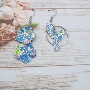 Boucles d'oreilles colibri et fleurs de cerisier en Tissu Liberty Margaret annie fluo givré