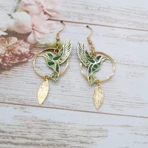 Boucles d'oreilles colibri en liberty David Joe vert