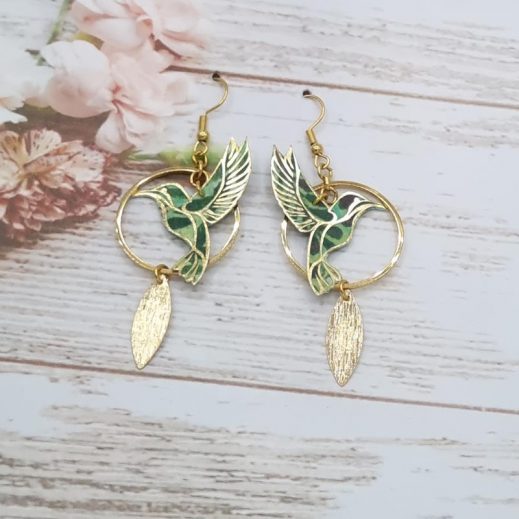 Boucles d'oreilles colibri en liberty David Joe vert