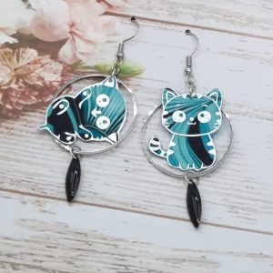 Boucles d'oreilles chat Kawaï en TISSU art déco turquoise