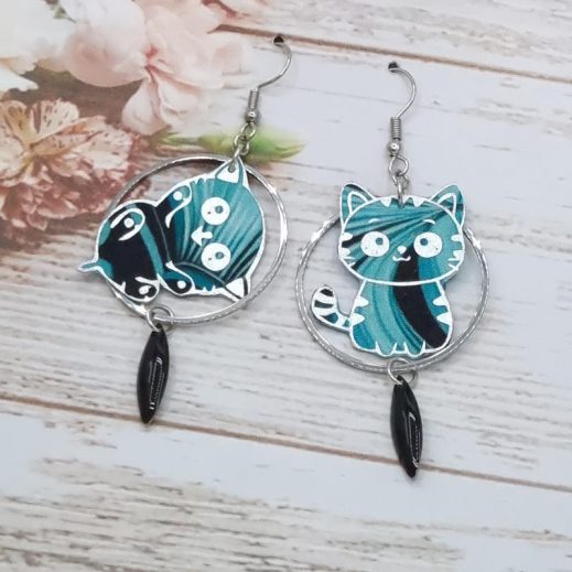 Boucles d'oreilles chat Kawaï en TISSU art déco turquoise