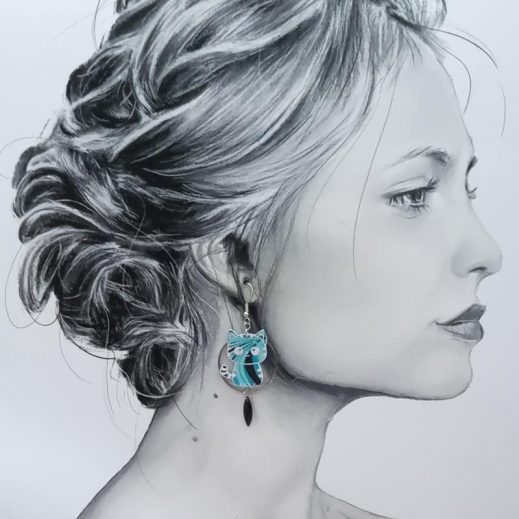 Boucles d'oreilles chat Kawaï en TISSU art déco turquoise Boucles d'oreilles chat Kawaï en TISSU art déco turquoise