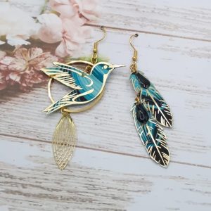 Boucles d'oreilles grand colibri et plumes en tissu art déco turquoise