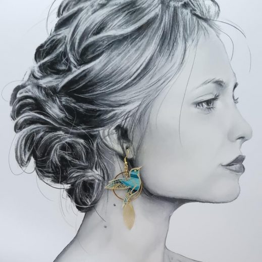 Boucles d'oreilles grand colibri et plumes en tissu art déco turquoise Boucles d'oreilles grand colibri et plumes en tissu art déco turquoise