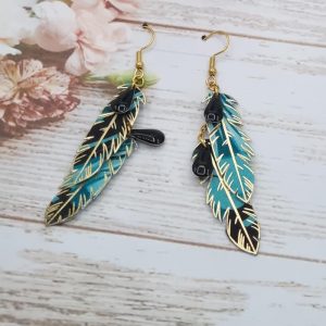 Boucles d'oreilles plumes en tissu Art déco turquoise