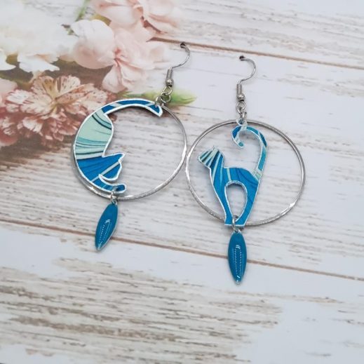 Boucles d'oreilles chats en tissus Art déco bleu