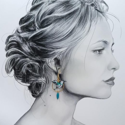 Boucles d'oreilles fleurs d'hibiscus et colibri en TISSU liberty Wiltshire émeraude Boucles d'oreilles fleurs d'hibiscus et colibri en TISSU liberty Wiltshire émeraude