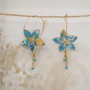 Boucles d'oreilles grandes créoles Fleurs de Tiaré en tissu Liberty Margeret annie tahiti fluo