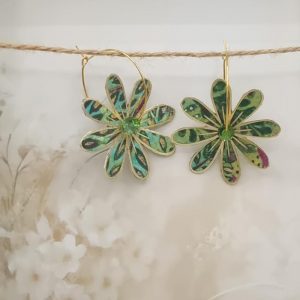 Boucles d'oreilles grandes créoles Marguerites en tissu liberty David Joe vert