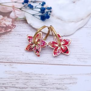 Boucles d'oreilles  fleur de tiaré Réversibles en Tissu summer bloom coquelicot et sakura rouge