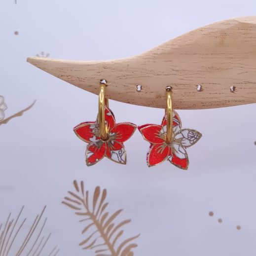 Boucles d'oreilles fleur de tiaré Réversibles en Tissu summer bloom coquelicot et sakura rouge Boucles d'oreilles fleur de tiaré Réversibles en Tissu summer bloom coquelicot et sakura rouge