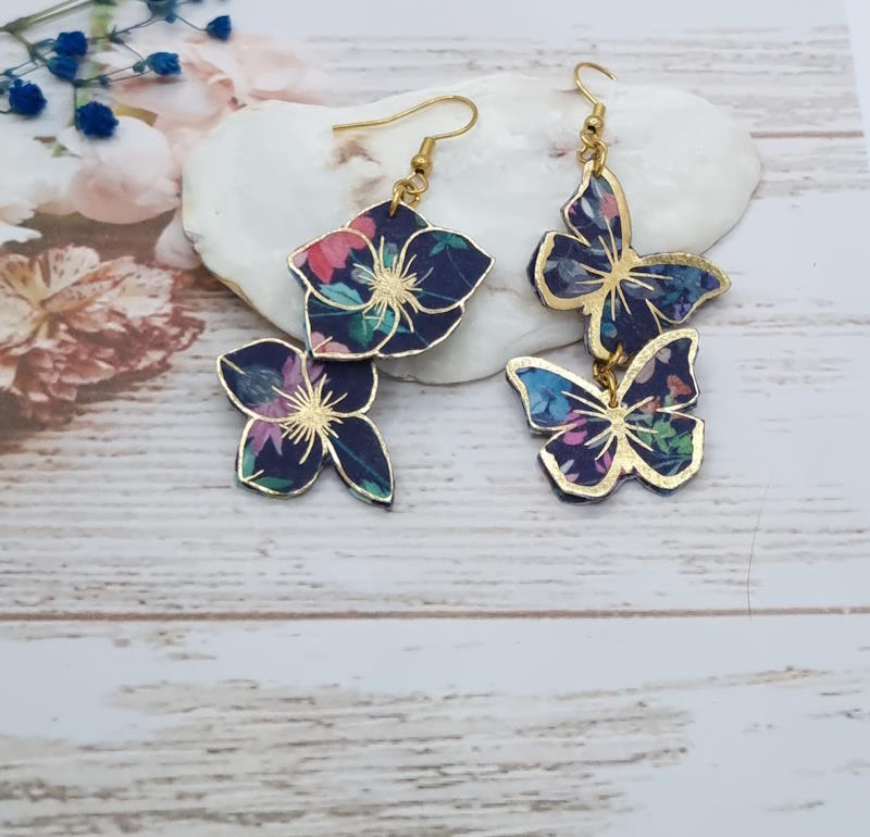Boucles d'oreilles papillons et fleur d'hortensia en tissu purley meadow marine