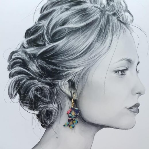 Boucles d'oreilles papillons et fleur d'hortensia en tissu purley meadow marine Boucles d'oreilles papillons et fleur d'hortensia en tissu purley meadow marine