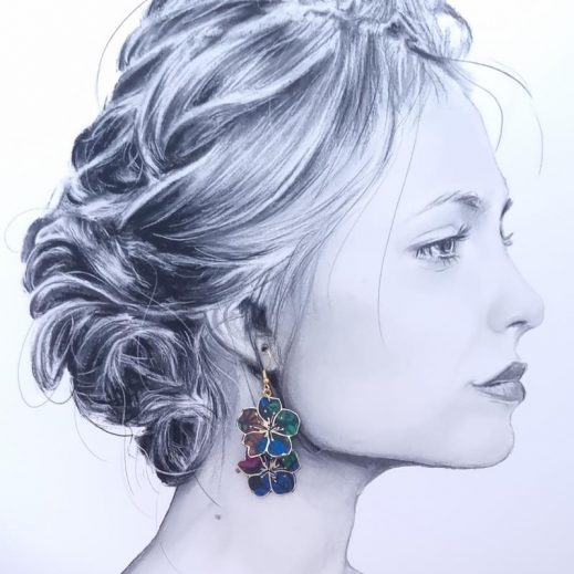 Boucles d'oreilles grand colibri et fleurs de cerisier sakura en liberty Héritage Garden Automn Boucles d'oreilles grand colibri et fleurs de cerisier sakura en liberty Héritage Garden Automn