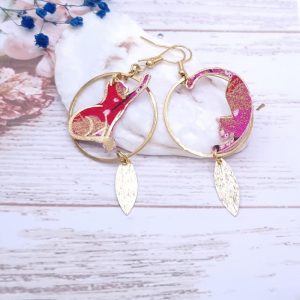 Boucles d'oreilles chats en tissus japonais sakura rouge