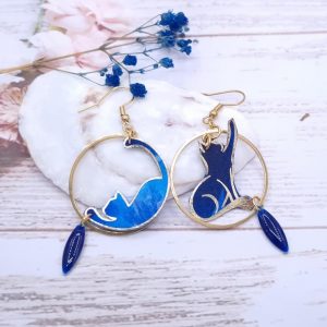 Boucles d'oreilles chats en tissus féérie bleue