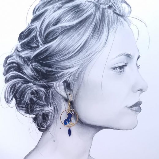 Boucles d'oreilles chats en tissus féérie bleue Boucles d'oreilles chats en tissus féérie bleue