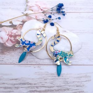 Boucles d'oreilles lémurien en Tissu japonais Sakura bleu