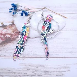 Boucles d'oreilles Perroquet et plumes en liberty dreams of summer multicolore